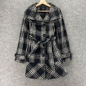 Express Coat Women XS Black Plaid Collared Belted Long Sleeve Wool Button Up